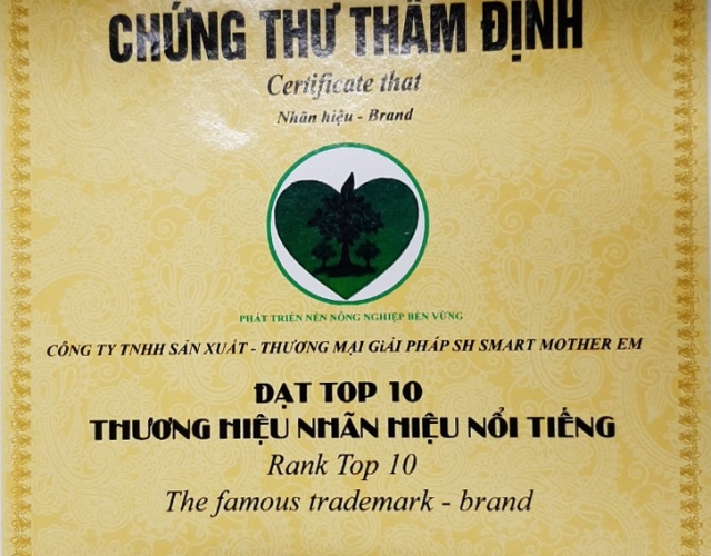 Chứng nhận thẩm định đạt TOP 10 Thương Hiệu Nhãn Hiệu Nổi Tiếng